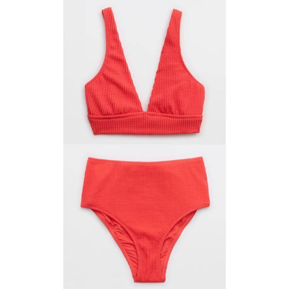 Aerie Crinkle Longline Plunge Bikini Top & High Waisted Cheeky Bikini Bottom Set